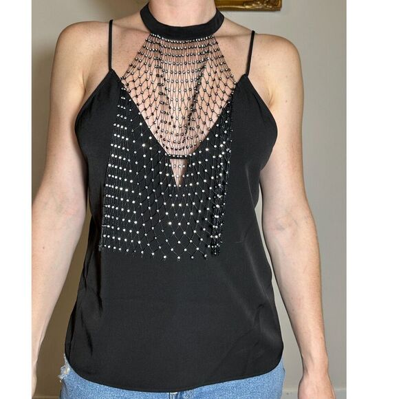 Y2K Express Black Halter Top with Rhinestones Size Medium - Picture 1 of 5